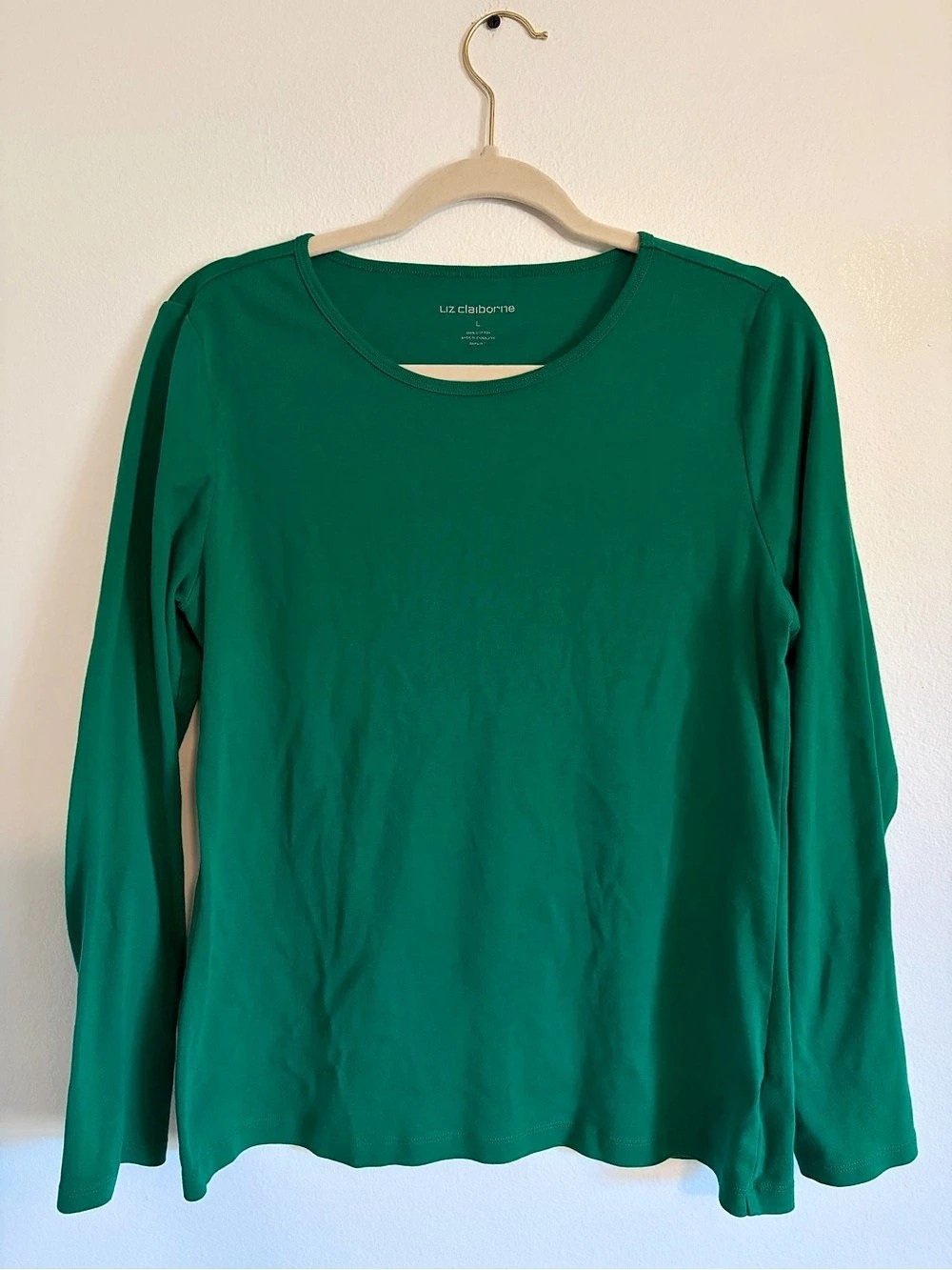 Liz Claiborne Top Green Women’s Cotton Long Sleeve Classic Stretch Size L